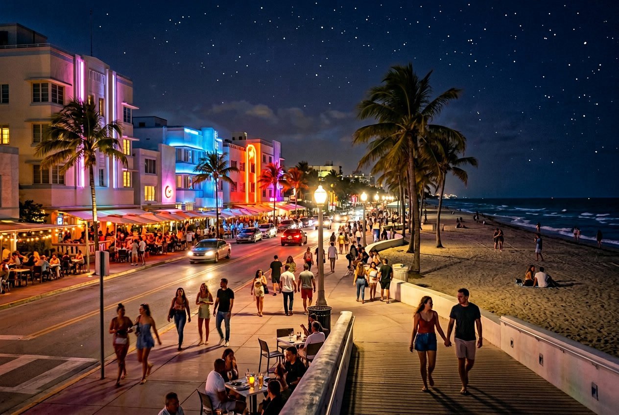 A nighttime view of Miami Beach with colorful lights, palm trees, and people enjoying a lively evening by the ocean.