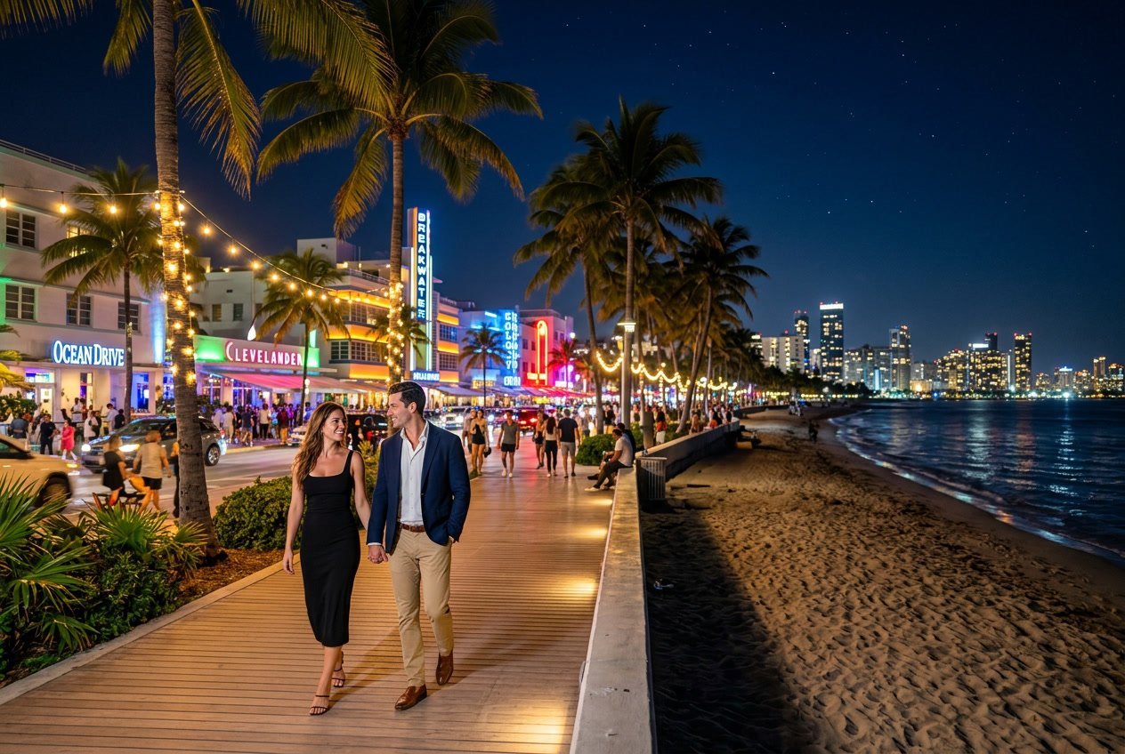 A couple walking hand in hand along a beachside promenade with palm trees and city lights reflecting on the ocean at night.