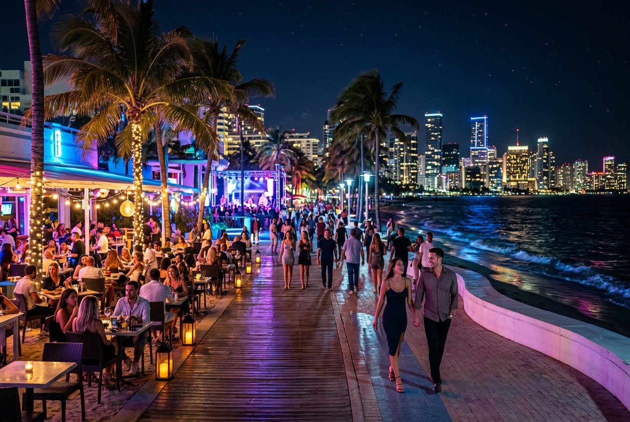 People enjoying a lively Miami Beach boardwalk at night with neon lights, palm trees, and the city skyline in the background.