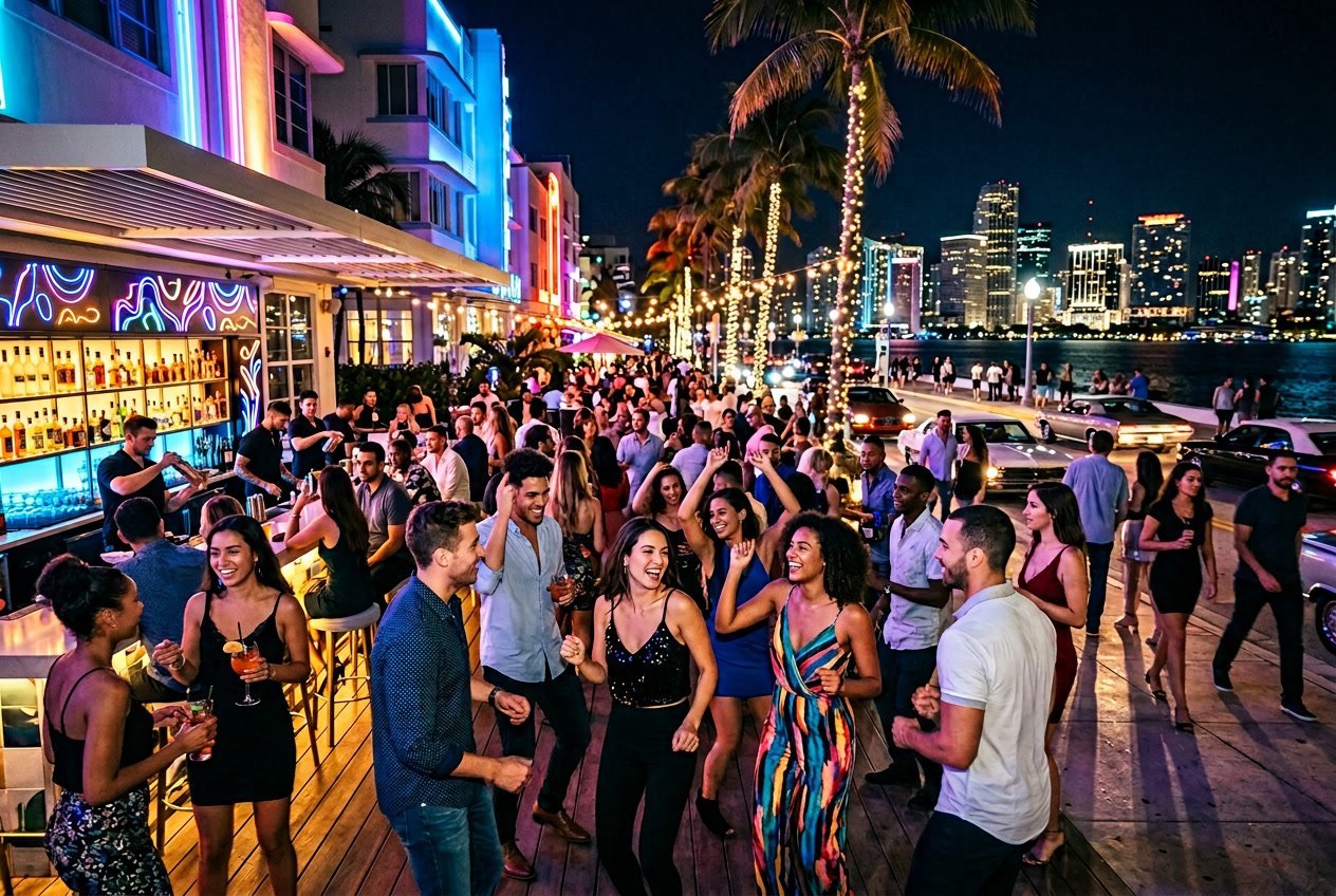 People dancing and socializing outdoors at night in a lively Miami Beach street with palm trees and city lights in the background.