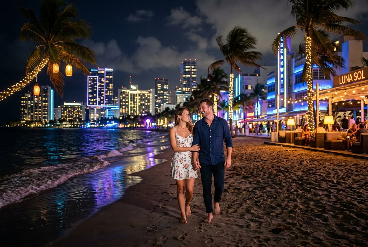 A couple walking along Miami Beach at night with city lights and palm trees in the background.