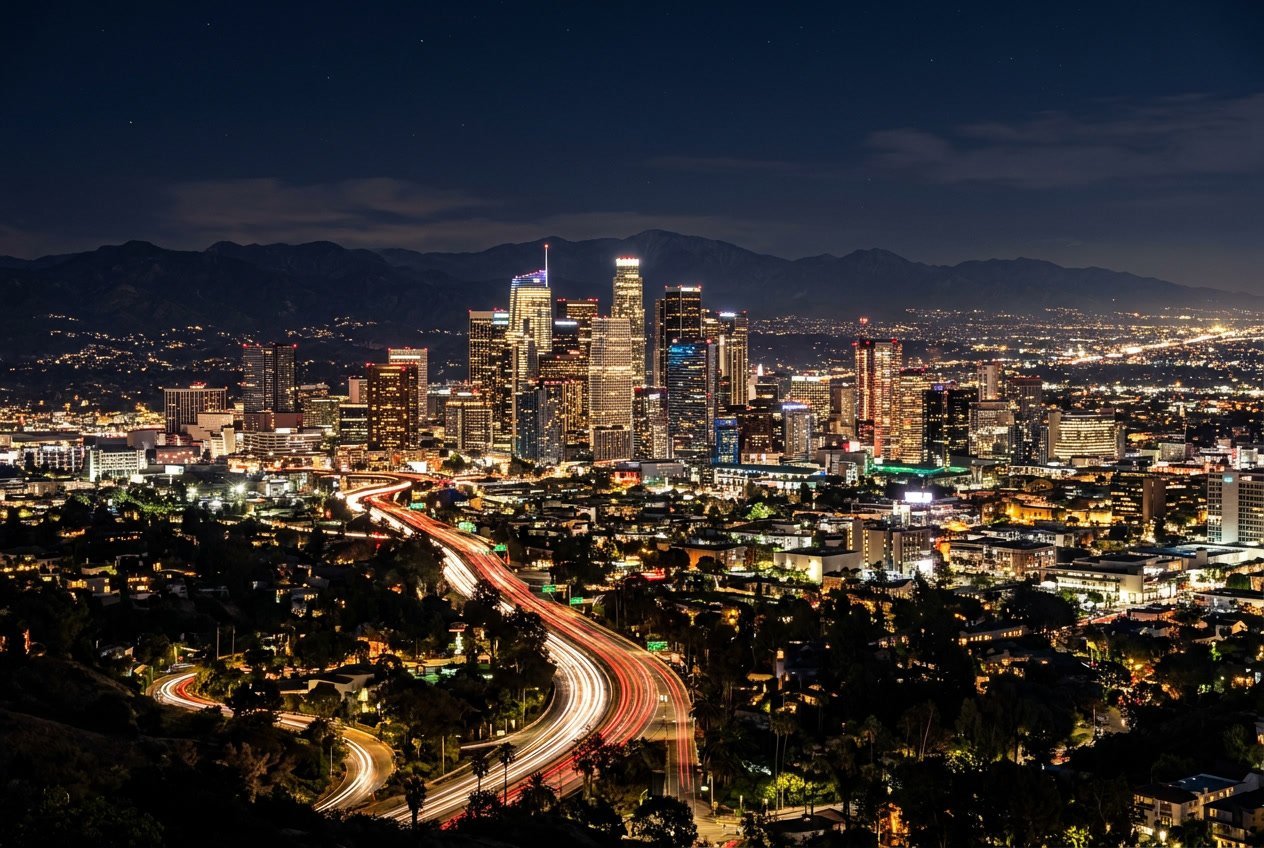 Nighttime view of the Los Angeles city skyline with illuminated buildings and hills in the background.