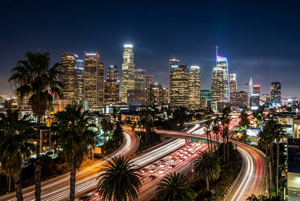 Nighttime view of downtown Los Angeles with illuminated skyscrapers, palm trees, and light trails from cars.