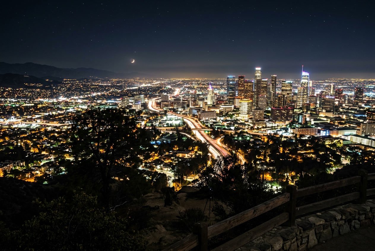 Panoramic night view of Los Angeles city with illuminated skyscrapers and streets under a starry sky, seen from a hillside overlook.