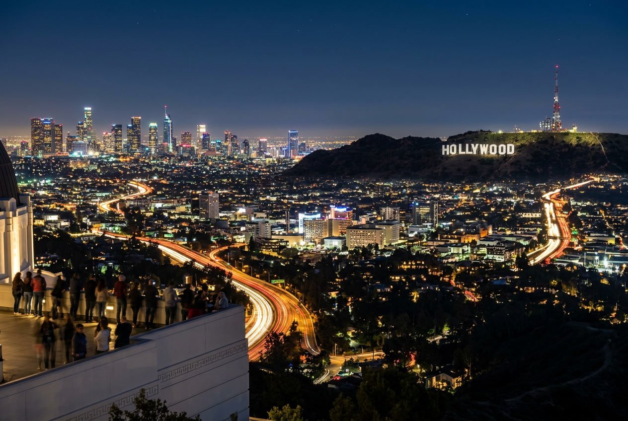 Panoramic night view of Los Angeles skyline with illuminated skyscrapers, the Hollywood sign on the hills, and busy city streets below.