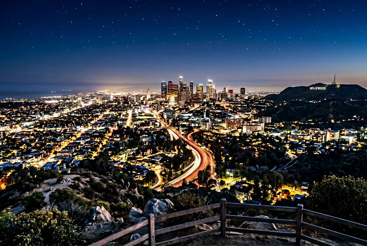 Nighttime panoramic view of Los Angeles city with illuminated skyscrapers, highways, and the Hollywood sign in the distance under a clear starry sky.