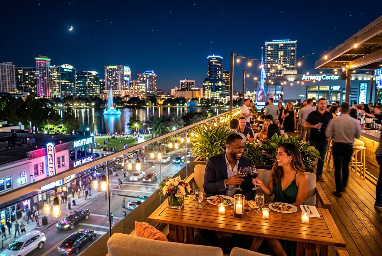 A couple dining outdoors on a rooftop in Orlando at night with city lights and people enjoying nightlife around them.