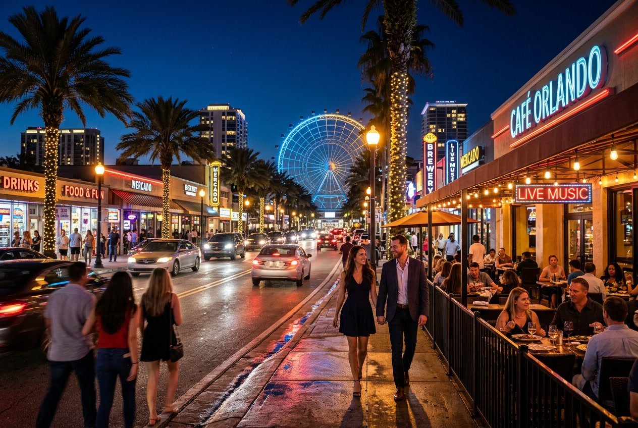 Nighttime view of Orlando city with illuminated landmarks, people dining outdoors, and palm trees along the street.