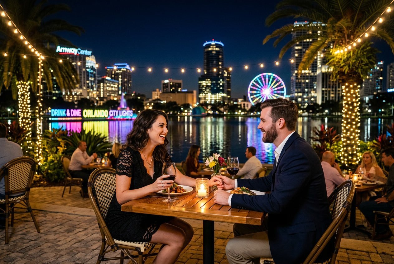 A couple enjoying a romantic dinner outdoors at night with city lights and palm trees in the background.