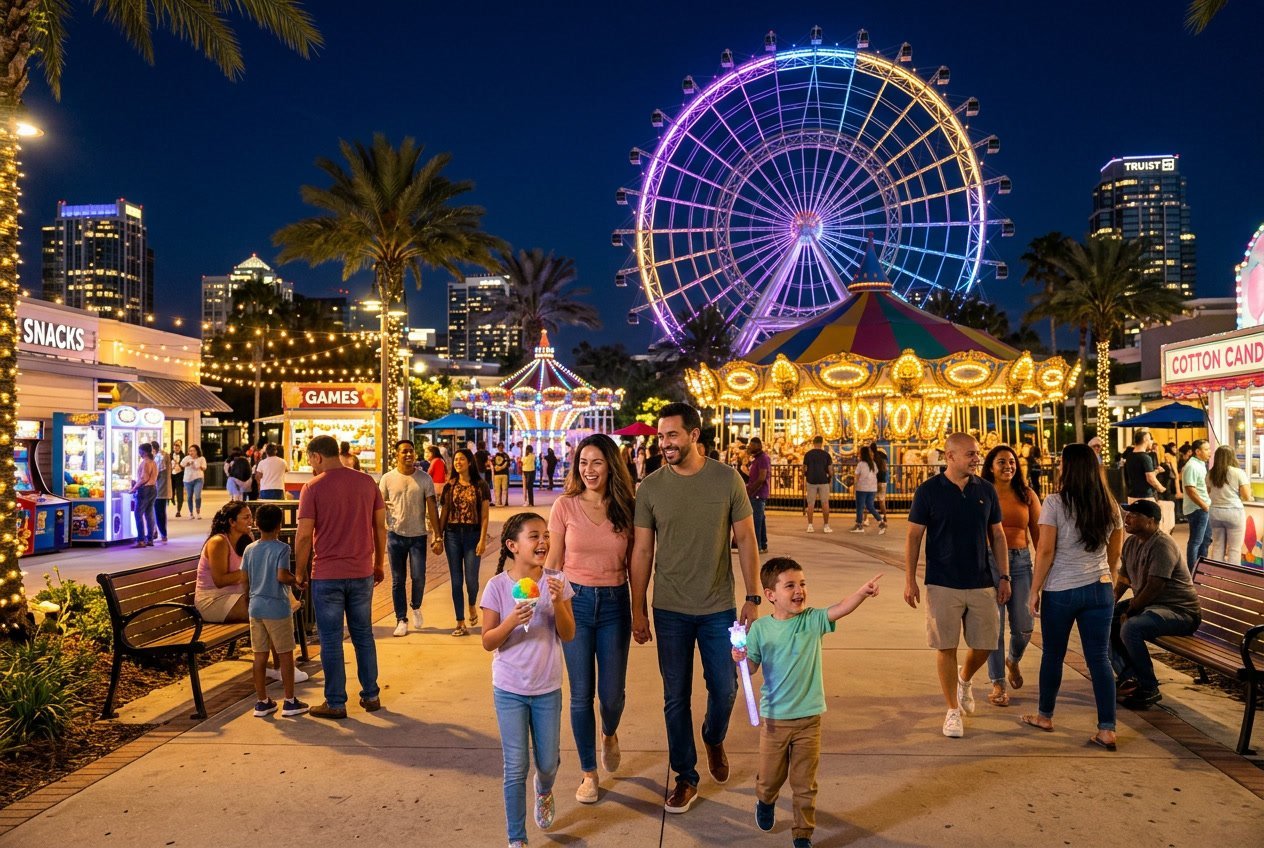 Families and children enjoying a brightly lit amusement park in Orlando at night with colorful rides and palm trees in the background.