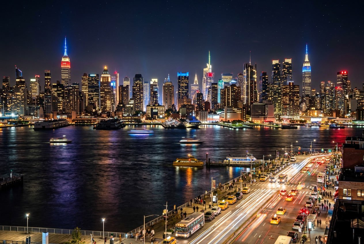 Nighttime view of New York City skyline with illuminated skyscrapers and city lights reflecting on the water.