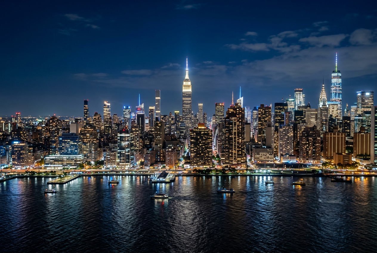 Nighttime view of New York City's illuminated skyline with skyscrapers and city lights reflecting on the river.