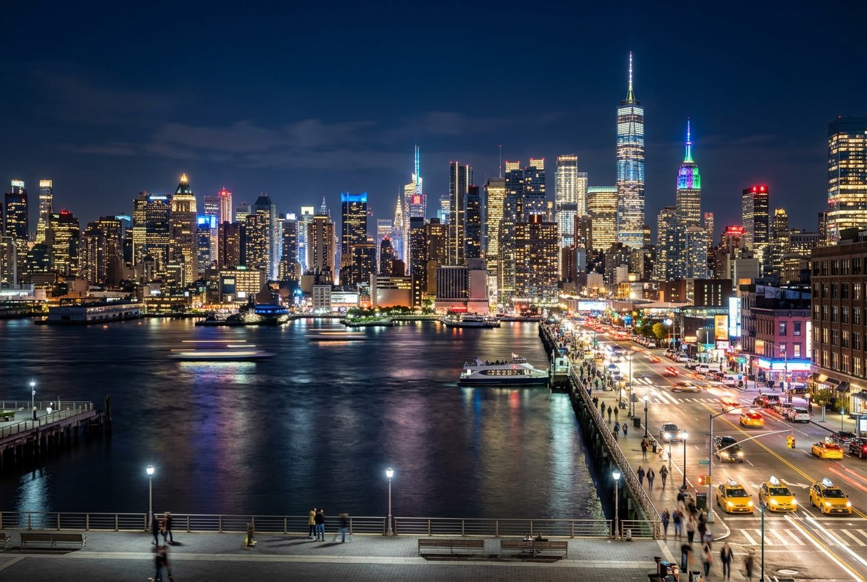 Nighttime view of New York City skyline with illuminated skyscrapers and city lights reflecting on the river.