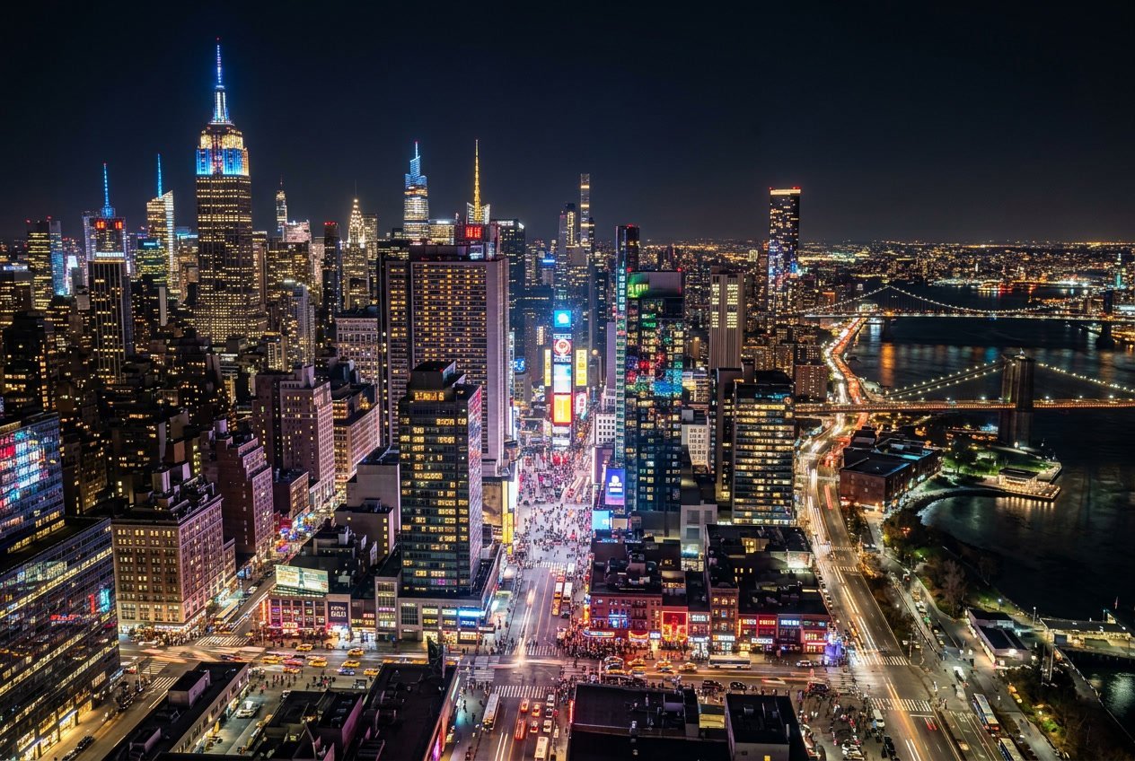 Nighttime view of New York City's illuminated skyline with skyscrapers, yellow taxis, and reflections on the river.