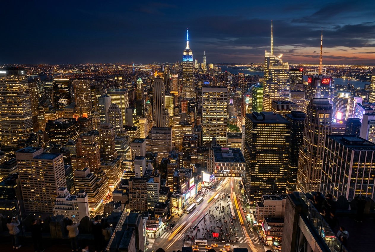 Nighttime view of New York City skyline with illuminated buildings, streets, and city lights.