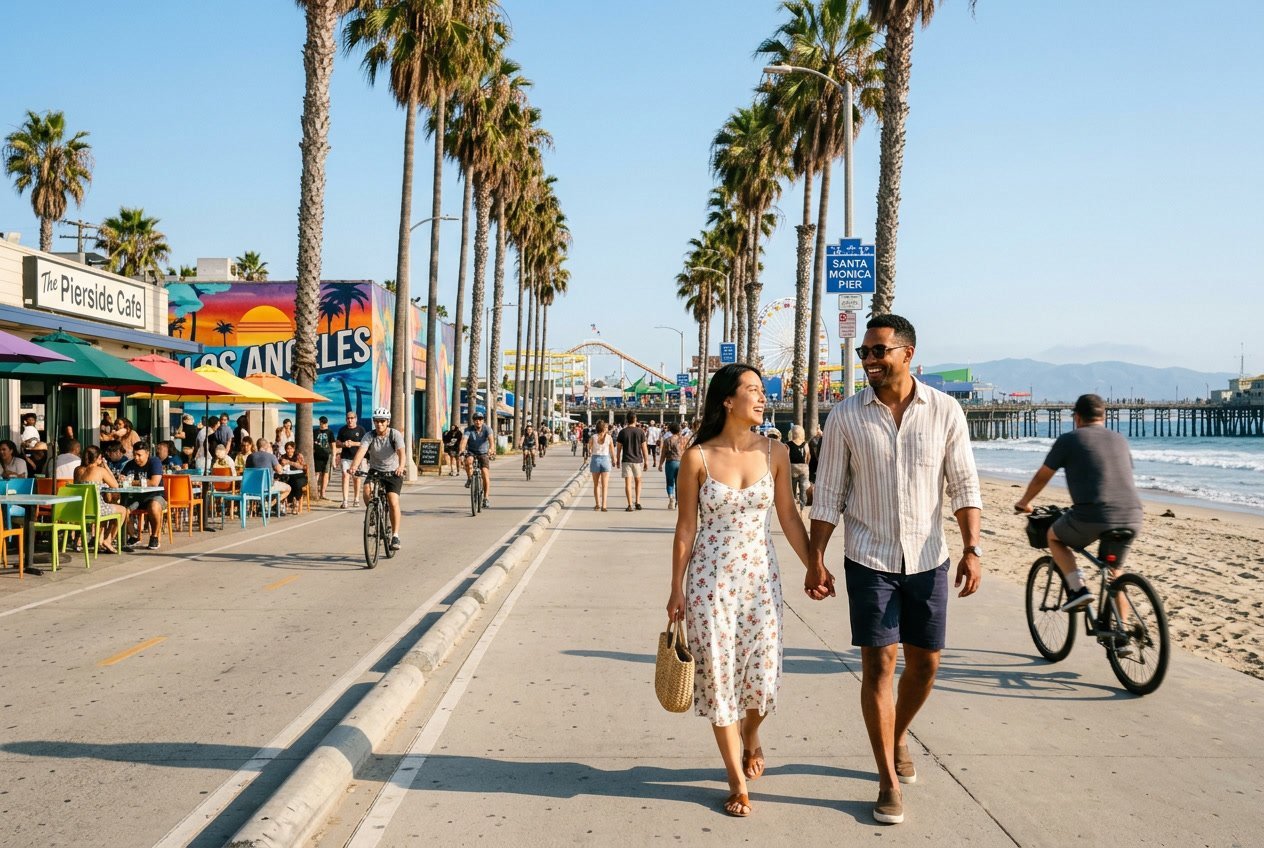 A couple walking hand-in-hand near the beach in Los Angeles with palm trees, city buildings, and the Santa Monica Pier in the background on a sunny day.