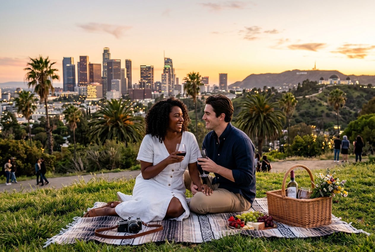 A couple having a picnic on a grassy hill overlooking the Los Angeles city skyline at sunset.