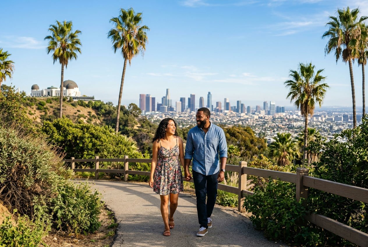 A couple walking hand-in-hand outdoors with palm trees and city buildings in the background on a sunny day.