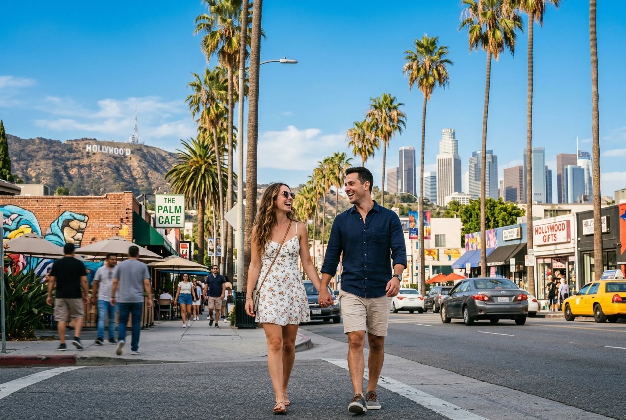 A couple walking hand-in-hand along a sunny street in Los Angeles with palm trees, the Hollywood Sign, and city skyline in the background.