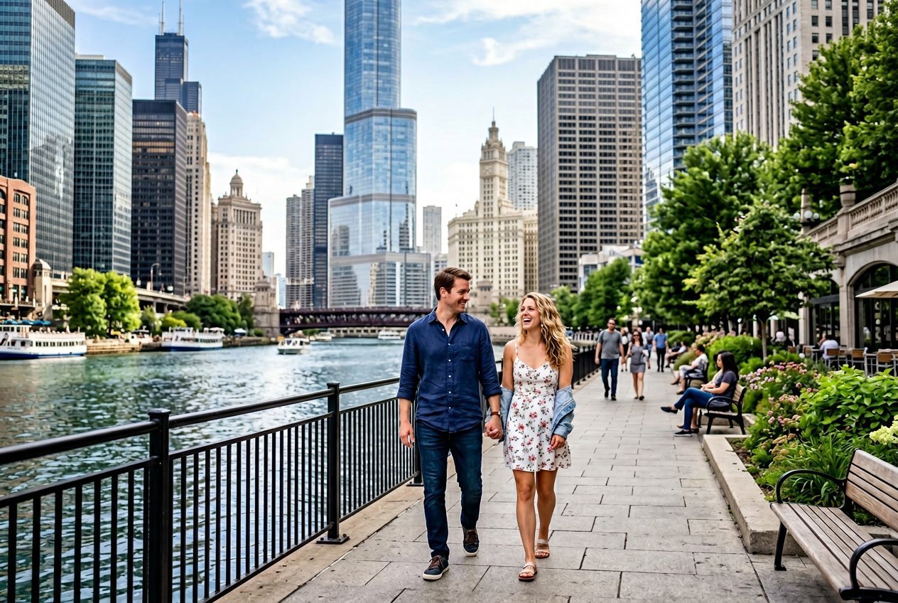A couple walking hand-in-hand along the Chicago Riverwalk with the city skyline in the background on a sunny day.