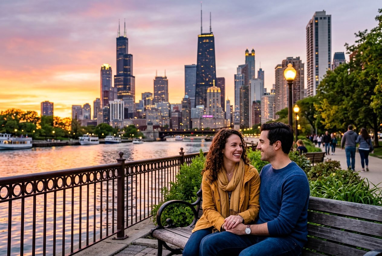 A couple sitting on a bench by the Chicago Riverwalk, holding hands and enjoying the city skyline at sunset.