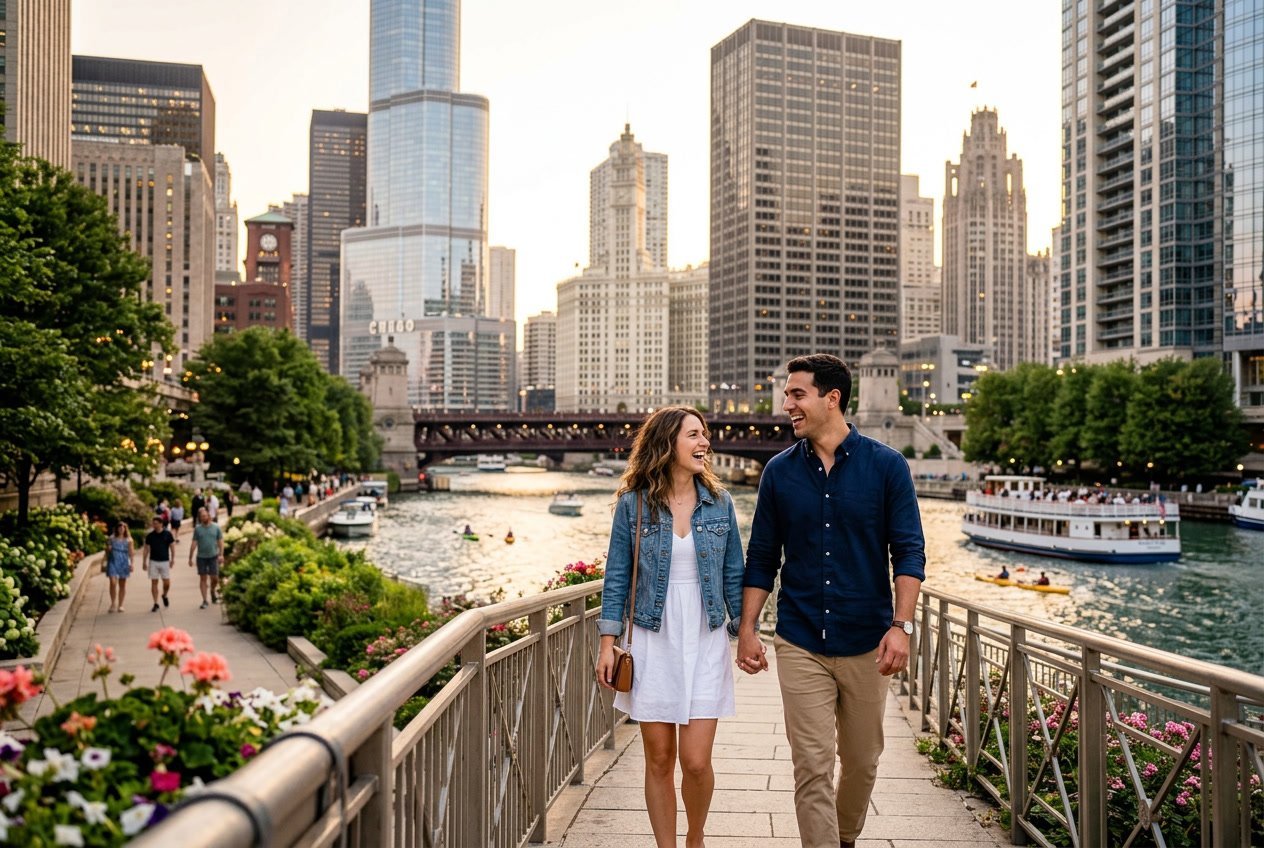 A couple walking hand-in-hand along the Chicago Riverwalk with the city skyline in the background during sunset.