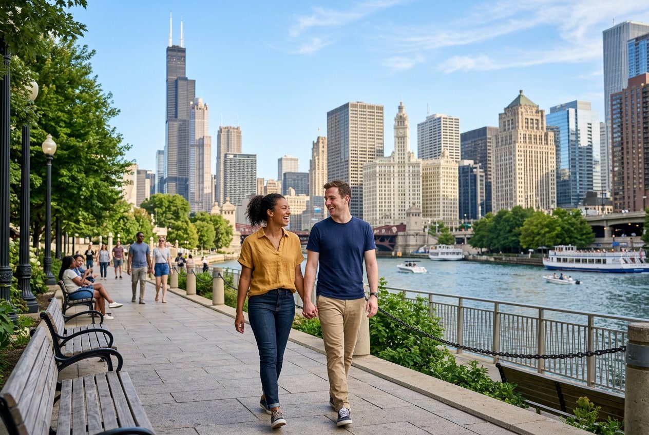 A couple walking hand-in-hand along the Chicago Riverwalk with the city skyline in the background on a sunny day.
