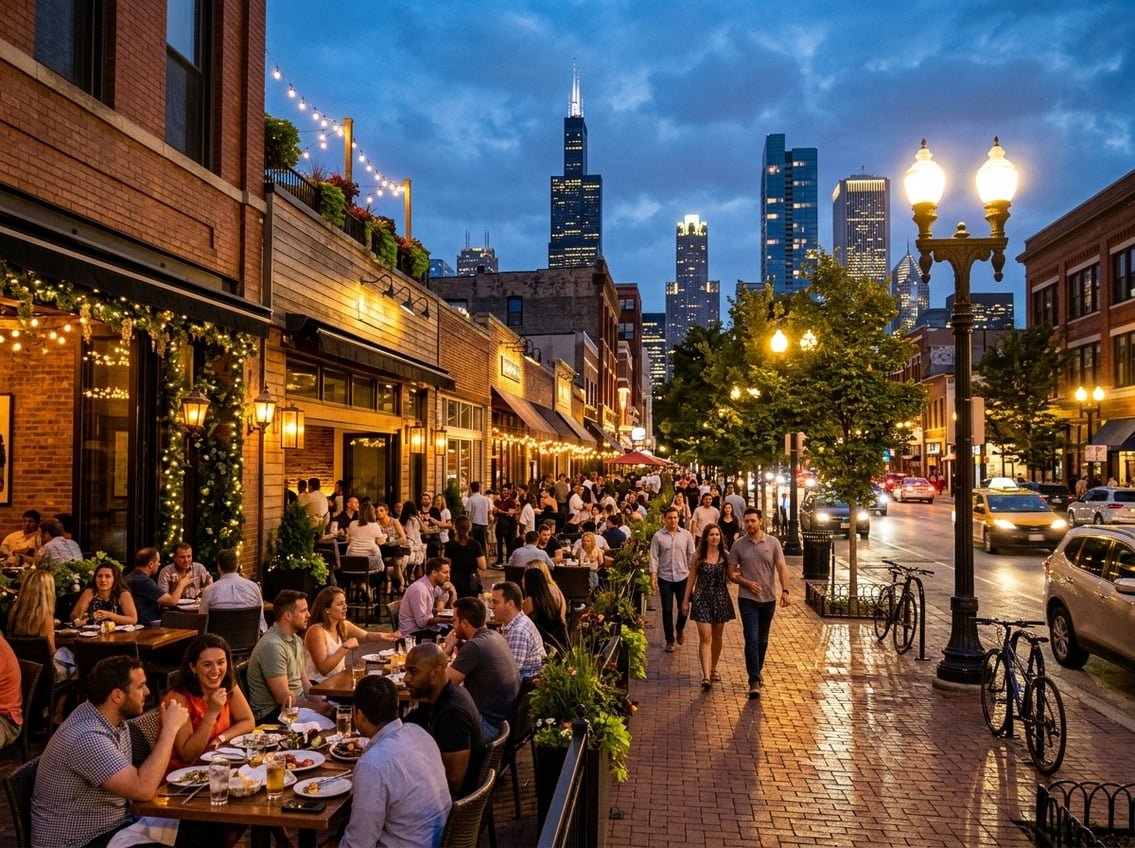 Evening view of a busy Chicago restaurant district with people dining outdoors and the city skyline in the background.
