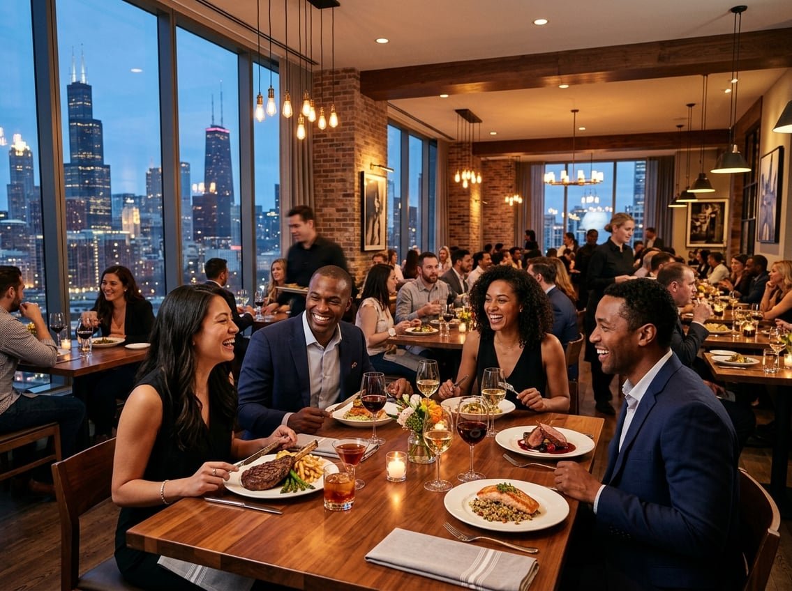People dining at a busy restaurant with city skyline visible through large windows.