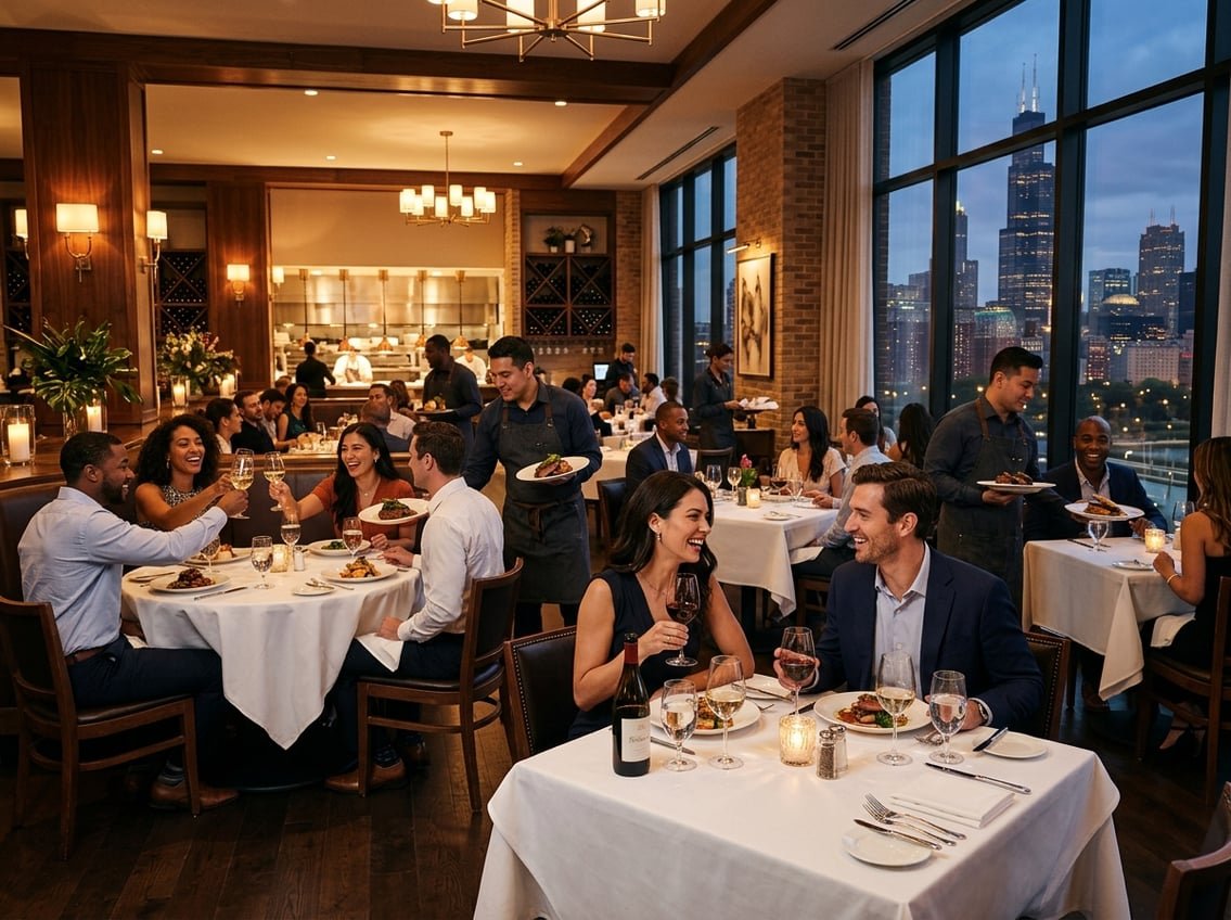 People dining in a stylish Chicago restaurant with city skyline visible through large windows at dusk.