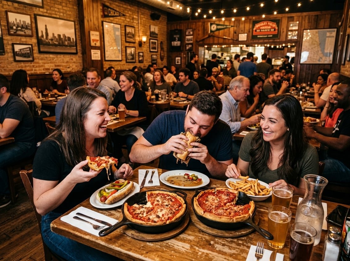 A busy Chicago restaurant with people enjoying classic Chicago dishes like deep-dish pizza and Italian beef sandwiches at wooden tables.