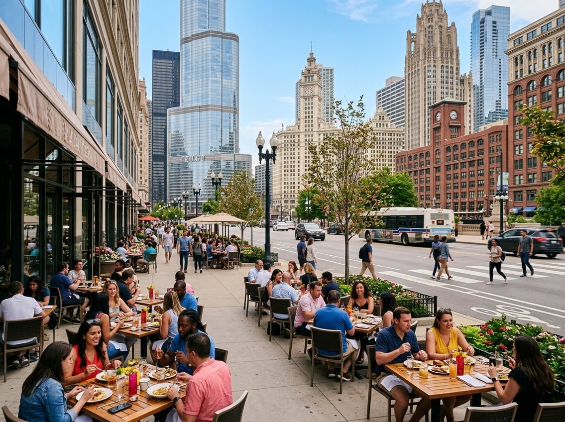 Outdoor dining area with people eating at restaurants on a busy downtown Chicago street with tall buildings in the background.