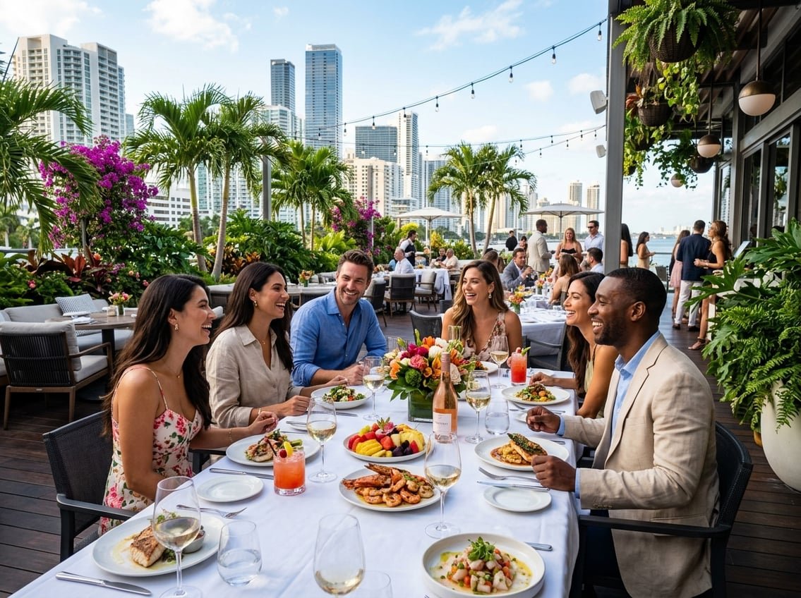 Outdoor dining scene at a Miami restaurant with people enjoying meals surrounded by palm trees and city skyline.