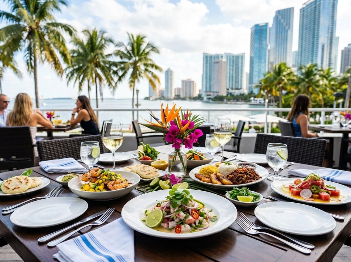 A table set with colorful dishes and drinks outdoors with palm trees and city skyline in the background.
