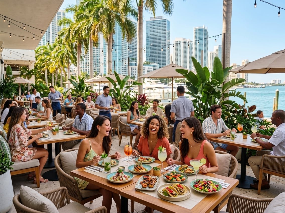 Outdoor dining area at a Miami restaurant with people enjoying meals under palm trees and bright sunlight.