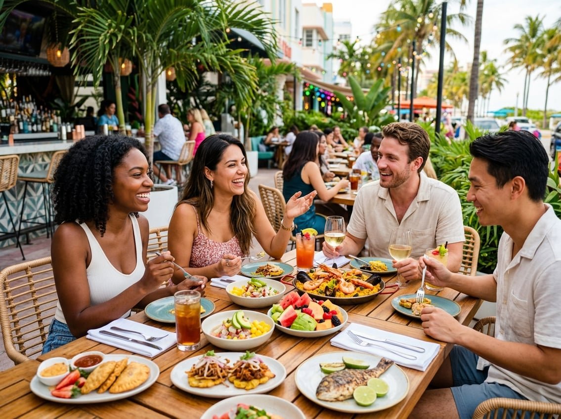 A group of friends enjoying a meal with colorful dishes at an outdoor Miami restaurant surrounded by palm trees.