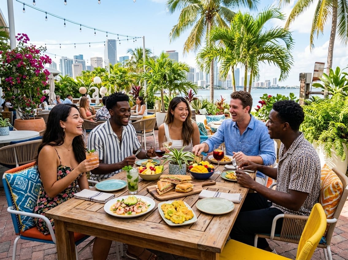 A group of friends enjoying a meal together at an outdoor Miami restaurant with tropical plants and palm trees nearby.