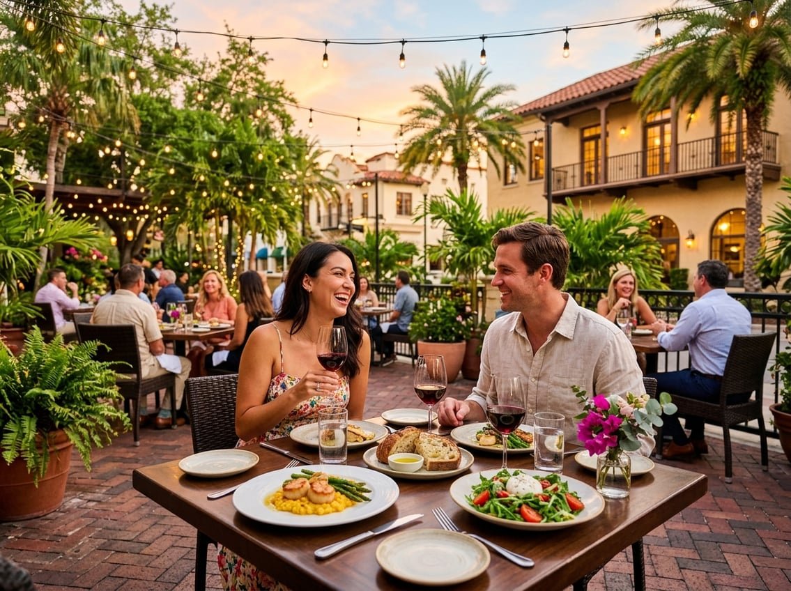 Outdoor dining area at a popular restaurant in Orlando with people enjoying meals at a beautifully set table surrounded by greenery and palm trees.