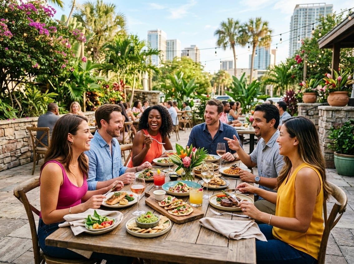 People enjoying a meal together at an outdoor restaurant table with colorful dishes and greenery in the background.