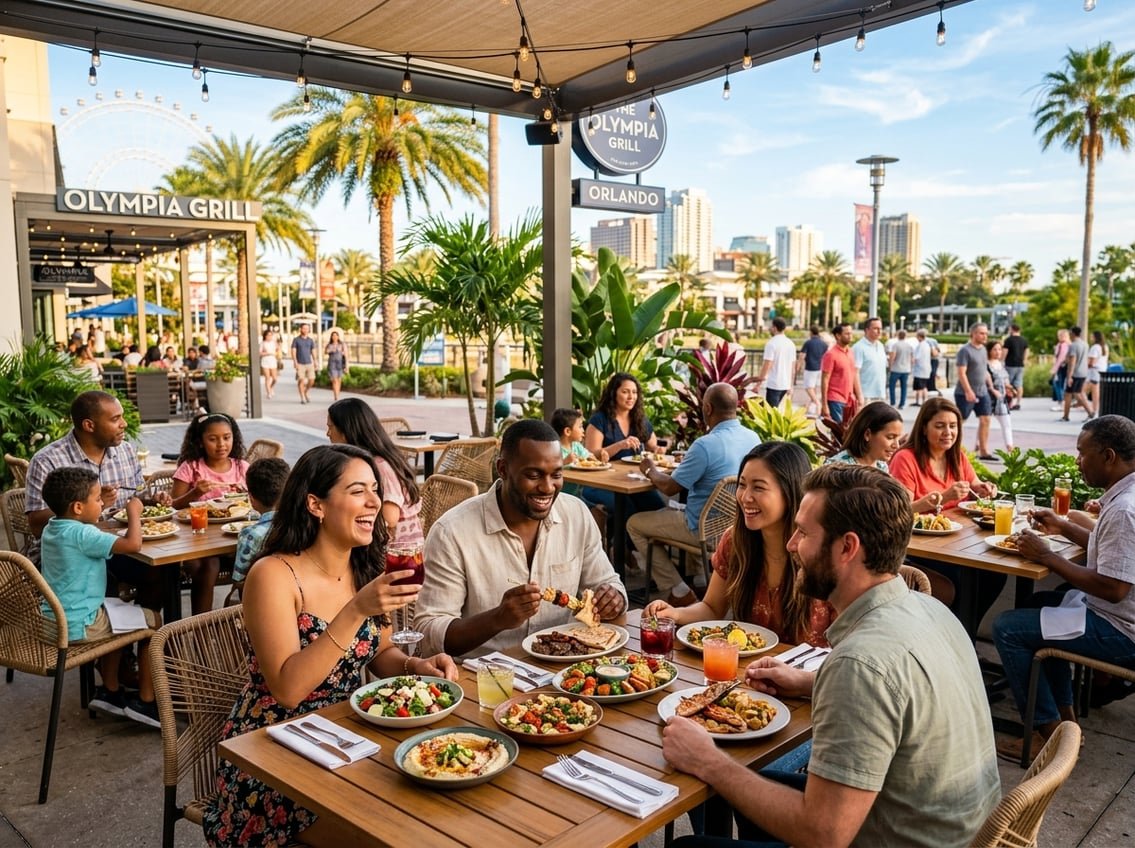 People dining outdoors at stylish restaurants in a sunny Orlando setting with palm trees and city buildings in the background.