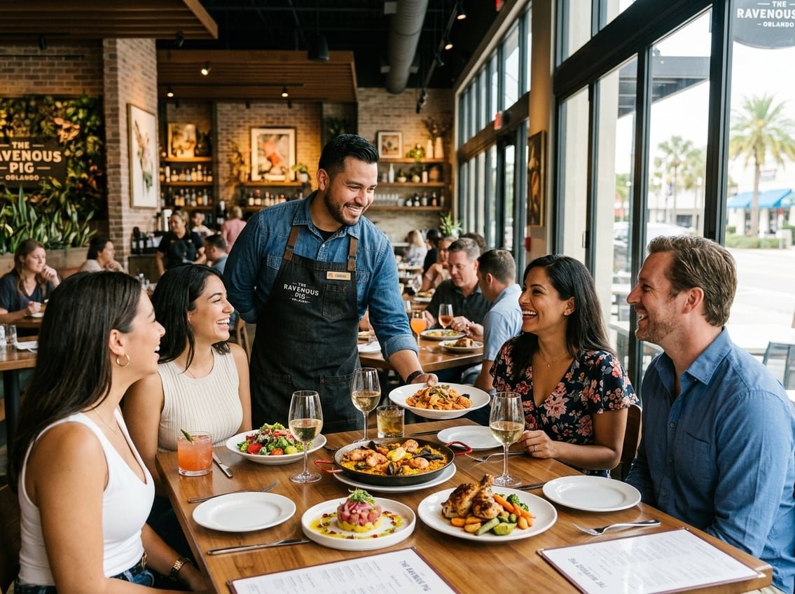 A group of people enjoying a meal at a busy restaurant with a waiter serving food at a wooden table.