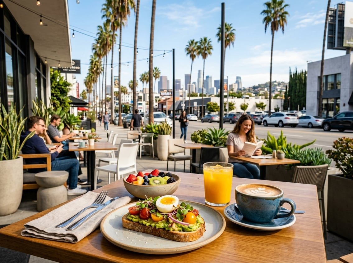 Outdoor breakfast table with avocado toast, fruit bowl, coffee, and orange juice at a sunny café in Los Angeles with palm trees and city buildings in the background.