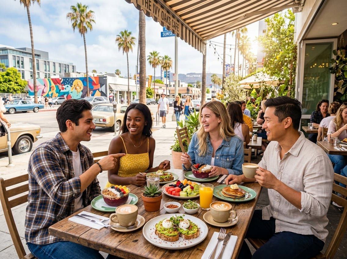 People enjoying breakfast outdoors at a sunny Los Angeles café with palm trees and city buildings in the background.