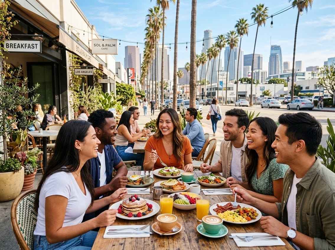 People enjoying breakfast outdoors at a café in Los Angeles with palm trees and city buildings in the background.