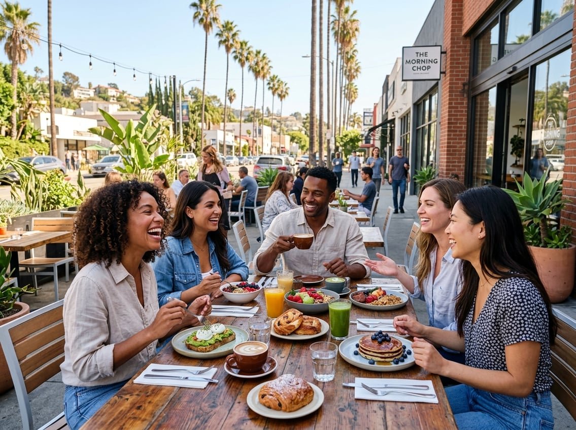 People enjoying breakfast outdoors at a café with palm trees and city buildings in the background.