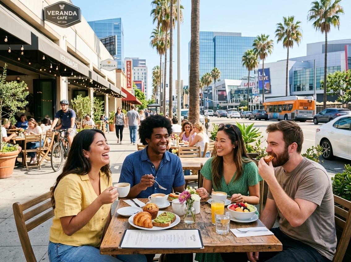 People enjoying breakfast outdoors at a café in Los Angeles with palm trees and city buildings in the background.