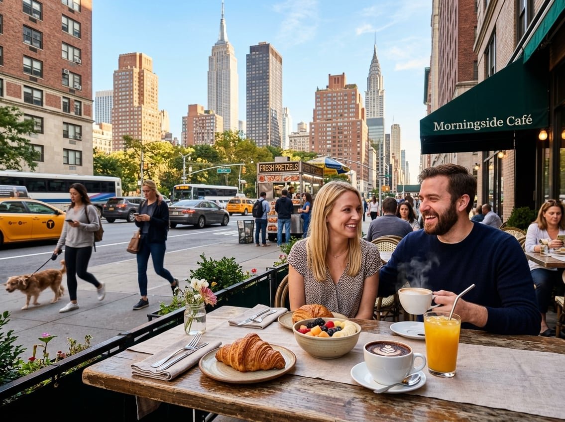 Outdoor café table with breakfast food and coffee on a New York City sidewalk with skyscrapers and taxis in the background.