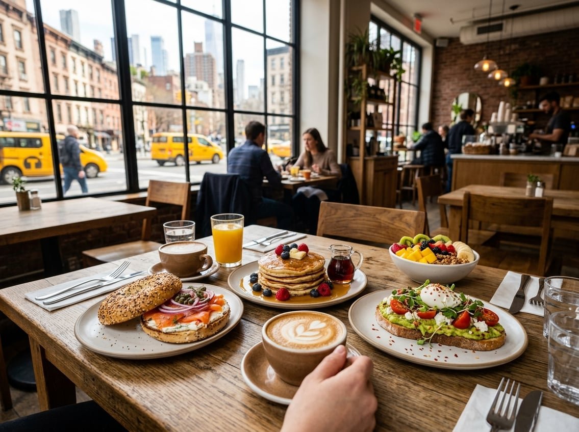 A breakfast table with various dishes and a city street visible through the window in the background.