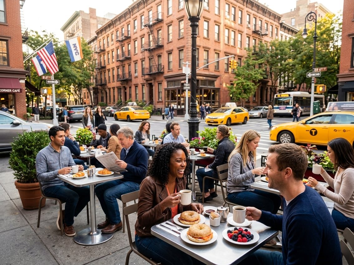 People enjoying breakfast at an outdoor café on a busy New York City street with brownstone buildings and yellow taxis nearby.