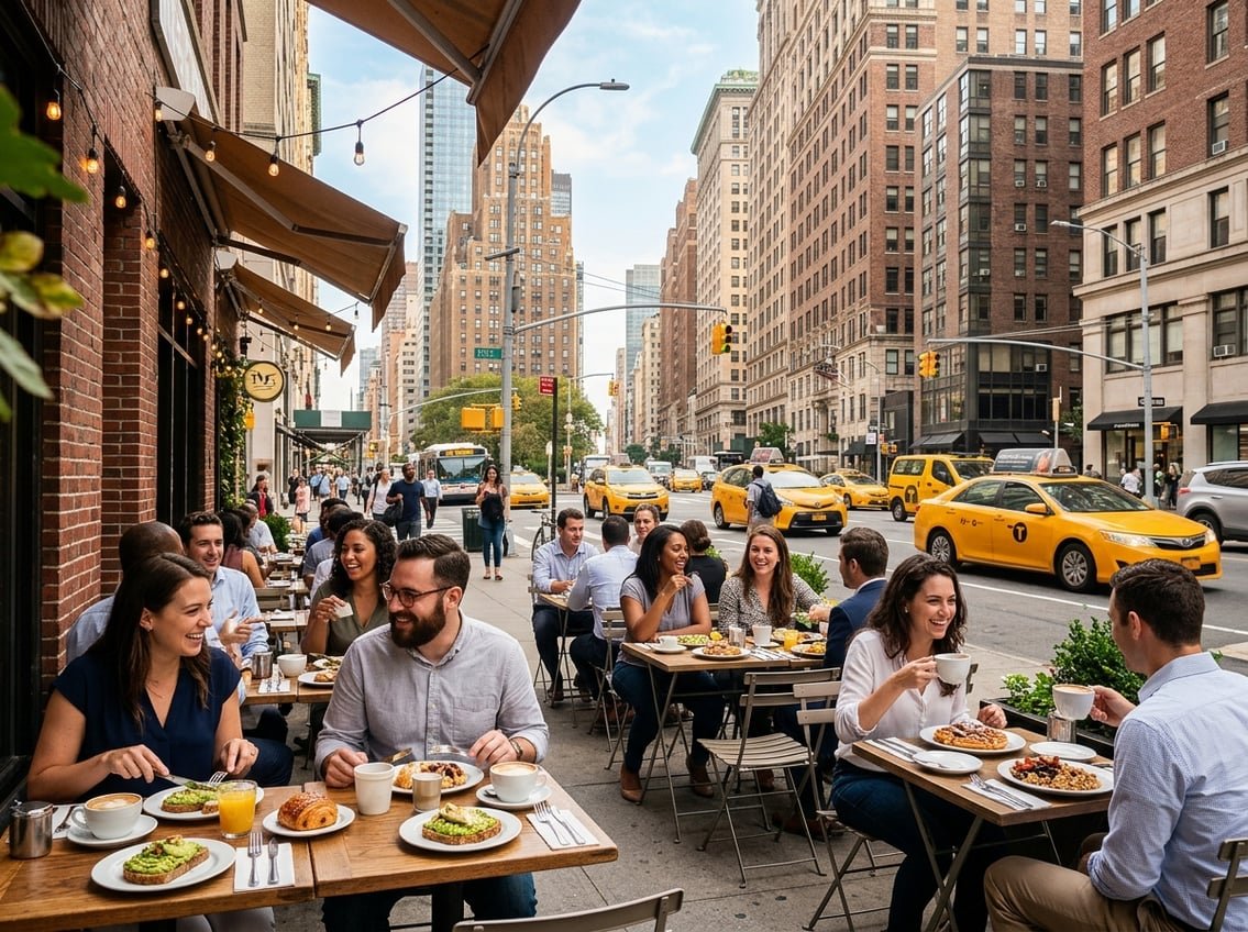 People enjoying breakfast at an outdoor café on a busy New York City street in the morning.